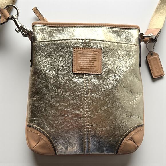 COACH 50168E Metallic Gold Swing Pack East Tan Leather Trim Crossbody Purse - Picture 3 of 10